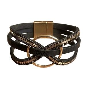 Womens Black Leather Gold Chain Wrap Bracelet Magnetic Clasp Fashion Jewelry
